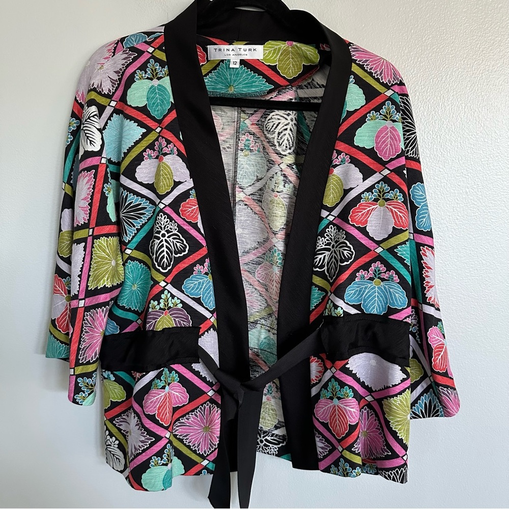 Trina Turk Maximalist Silk Linen Blend Bold Vibrant Flower Kimono Jacket 12